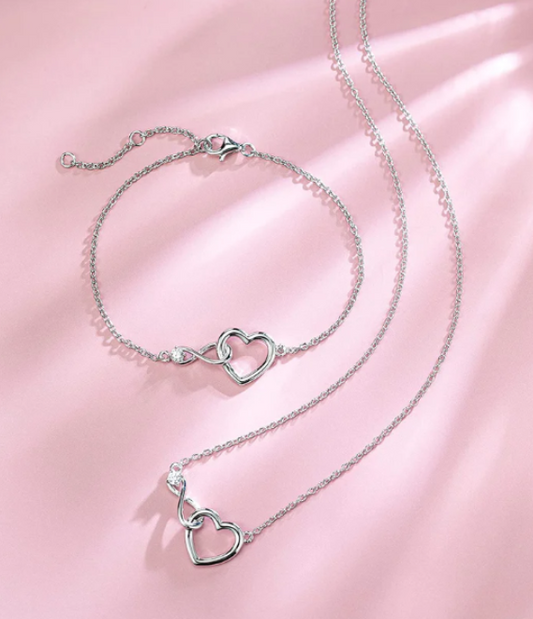 Heartbound Infinity Silver Bracelet & Necklace Set