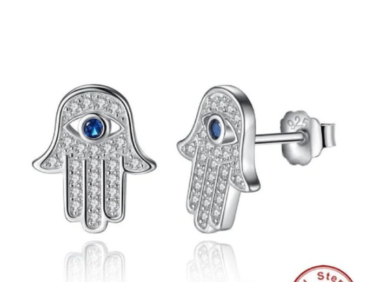Evil Eye Hand CZ Silver Earring For Women