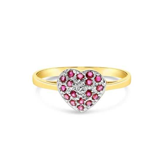 Gold ring with a heart-shaped design featuring red gemstones on a white background