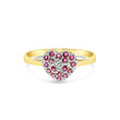 Gold ring with a heart-shaped design featuring red gemstones on a white background