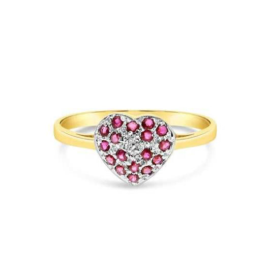 Gold ring with a heart-shaped design featuring red gemstones on a white background